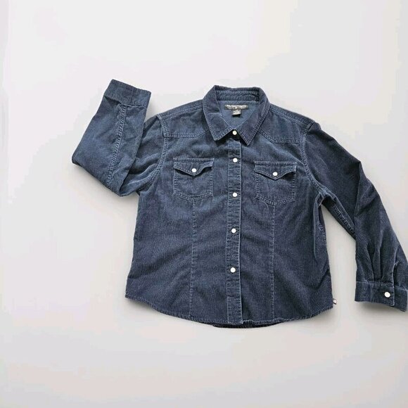 Ralph Lauren Shirt Youth Women L Navy LS Pearl Snap Button Corduroy Boho Western - Picture 7 of 14